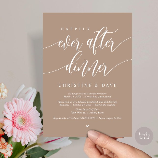 Convite Felizmente Depois Do Janto De Elopemento, Taupe Qu (Happily Ever After Dinner Invitation Card, PDF, Modern Calligraphy Script, in Warm Taupe)