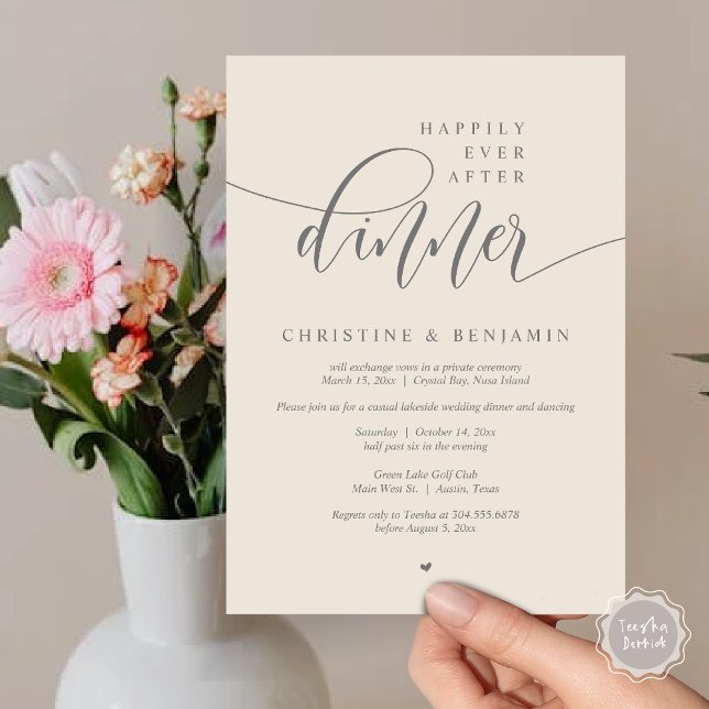 Convite Felizmente Depois Do Janto, Elopemente O Script Mo (Happily Ever After Dinner, Modern Wedding Elopement Party Invitation Card, PDF, Dark Grey Cream)
