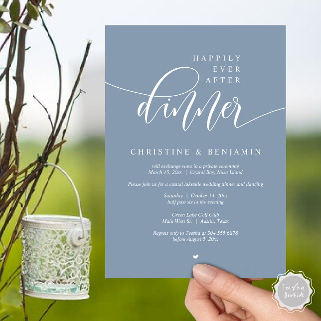 Convite Felizmente Depois Do Janto, Elopemente O Script Mo (Happily Ever After Dinner, Modern Wedding Elopement Party Invitation Card, PDF, Dusty Blue)