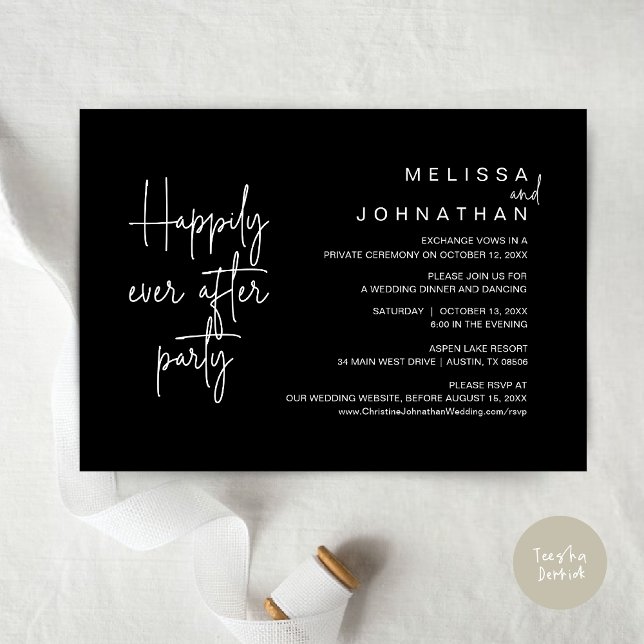 Convite Felizmente Depois Do Janto, Elopemento De Casament (Happily Ever After Party, Modern Wedding Elopement Dinner Invitation Card, PDF, in Classy Black)