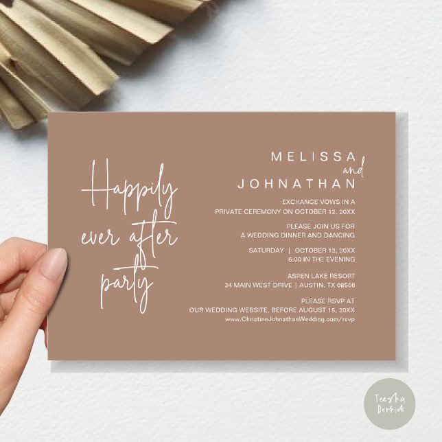 Convite Felizmente Depois Do Janto, Elopemento De Casament (Happily Ever After Party, Modern Wedding Elopement Dinner Invitation Card, PDF, in Taupe)
