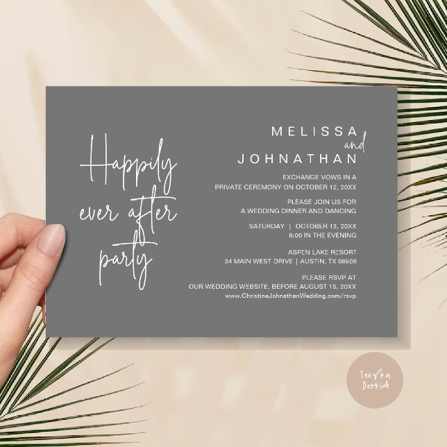 Convite Felizmente Depois Do Janto, Elopemento De Casament (Happily Ever After Party, Modern Wedding Elopement Dinner Invitation Card, PDF, in Dark Grey)
