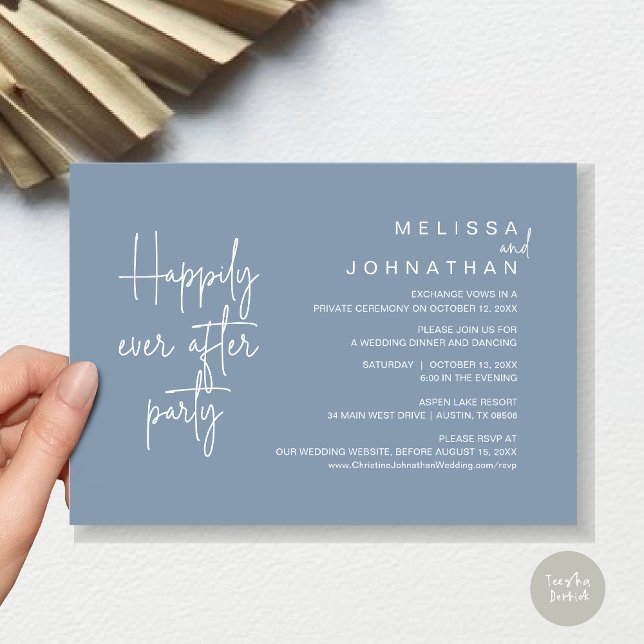 Convite Felizmente Depois Do Janto, Elopemento De Casament (Happily Ever After Party, Modern Wedding Elopement Dinner Invitation Card, PDF, in Dusty Blue)
