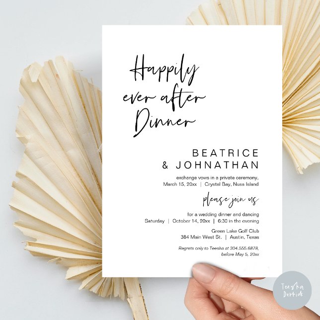 Convite Felizmente Depois Do Janto, Elopemento De Casament (Happily Ever After Dinner, Modern Wedding Elopement Party Invitation Card, PDF, in Black and White)