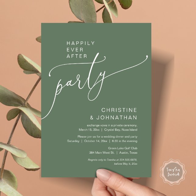 Convite Felizmente Depois Do Partido Do Elopemento De Casa (Happily Ever After Party, Modern Romantic Wedding Elopement Dinner Invitation Card, in Sage Green)