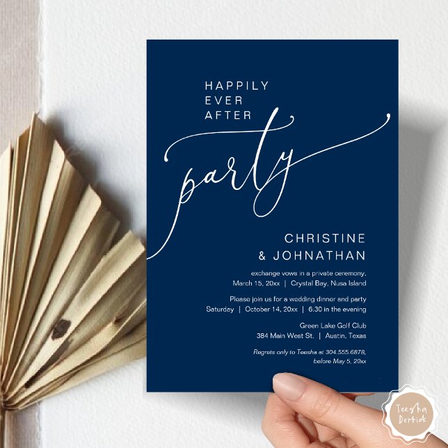 Convite Felizmente Depois Do Partido Do Elopemento De Casa (Happily Ever After Party, Modern Romantic Wedding Elopement Dinner Invitation Card, in Navy Blue)