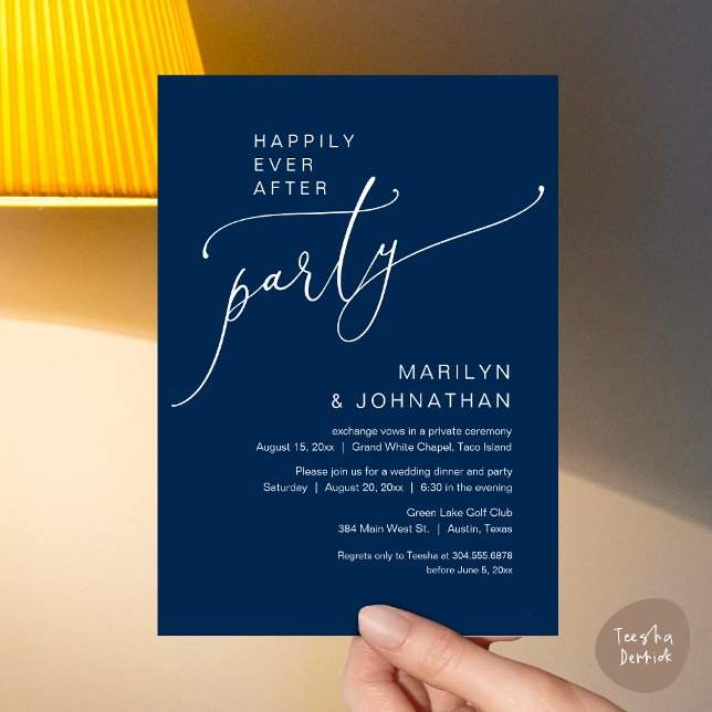 Convite Felizmente Depois Do Partido Do Elopemento De Casa (Happily Ever After Wedding Elopement Party Invitation Card, PDF, Modern Romantic, Navy Blue)