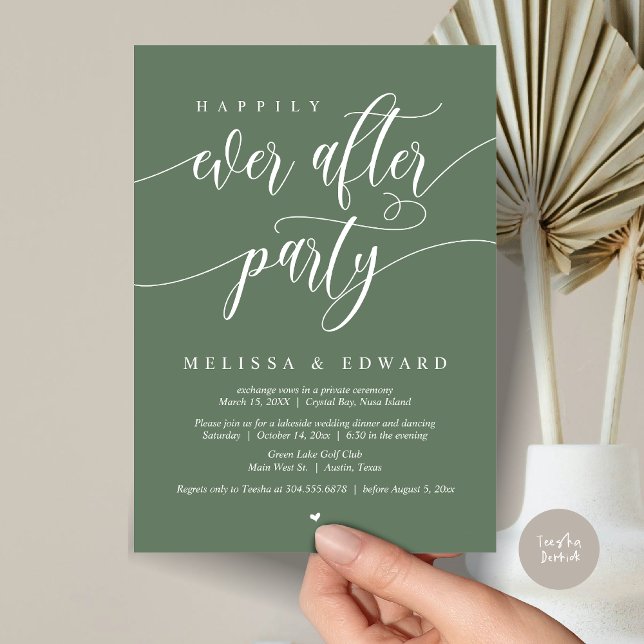 Convite Felizmente Depois Do Partido Do Elopemento, Sage V (Happily Ever After Elopement Party Invitation Card, PDF, Modern Wedding Dinner, in Forest Sage Green)