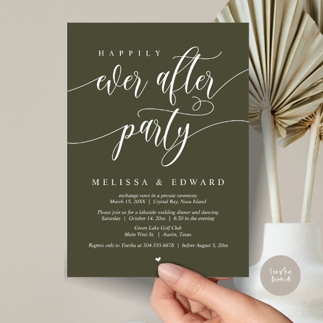 Convite Felizmente Depois Do Partido Do Elopemento, Vila D (Happily Ever After Elopement Party Invitation Card, PDF, Modern Wedding Dinner, in Olive Green)