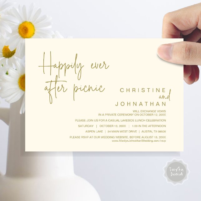 Convite Felizmente Depois Do Picnic, Do Elopemento De Casa (Happily Ever After Picnic, Wedding Celebration Invitation Card, PDF, in Yellow Gold)