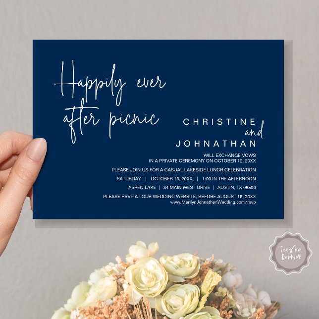 Convite Felizmente Depois Do Picnic, Do Elopemento De Casa (Happily Ever After Picnic, Wedding Celebration Invitation Card, PDF, in Navy Blue)