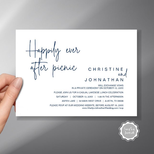 Convite Felizmente Depois Do Picnic, Do Elopemento De Casa (Happily Ever After Picnic, Wedding Celebration Invitation Card, PDF, in Navy Blue)