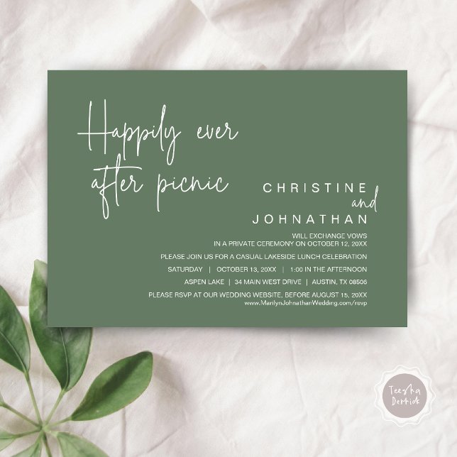Convite Felizmente Depois Do Picnic, Do Elopemento De Casa (Happily Ever After Picnic, Wedding Celebration Invitation Card, PDF, in Sage Green)