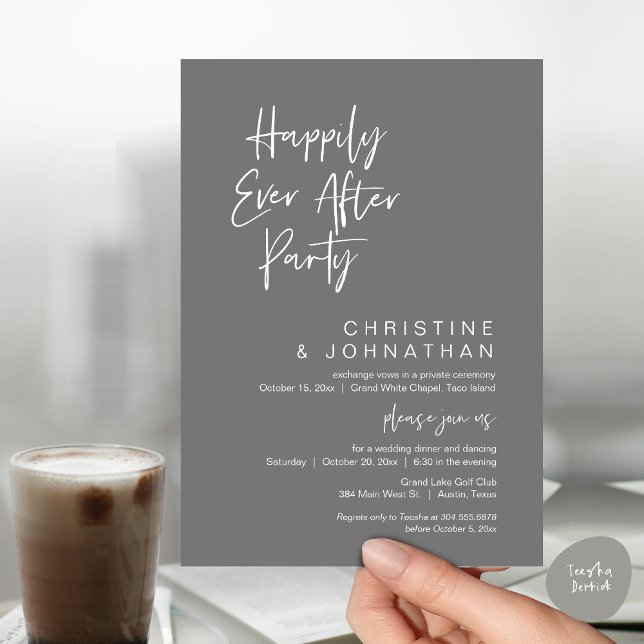 Convite Felizmente Depois, moderno Janto de casamento (Wedding Happily Ever After Party Dinner Brunch Elopement Invitation Card, PDF, Dark Grey)