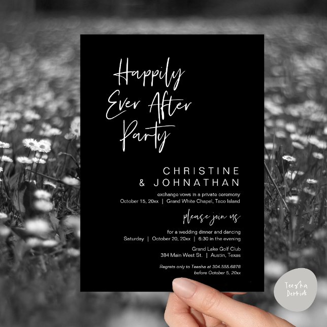 Convite Felizmente Depois, moderno Janto de casamento (Wedding Happily Ever After Party Dinner Brunch Elopement Invitation Card, PDF, Classy Black)