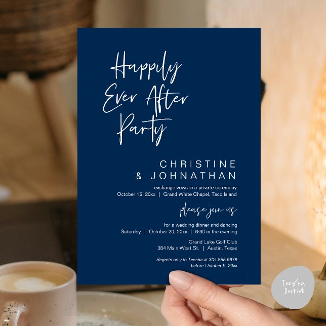Convite Felizmente Depois, moderno Janto de casamento (Wedding Happily Ever After Party Dinner Brunch Elopement Invitation Card, PDF, Navy Blue)