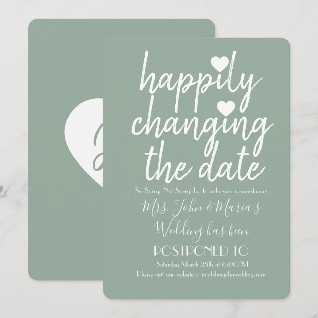 Convite Felizmente Mudando a Data Sage Verde Casamento (Frente/Verso)