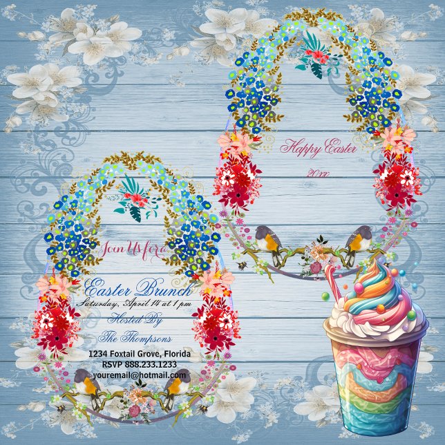 Convite Felz pascoa Brunch, aves ovinas decorativas (Happy Easter Brunch Decorative Egg Birds Floral Invitation)