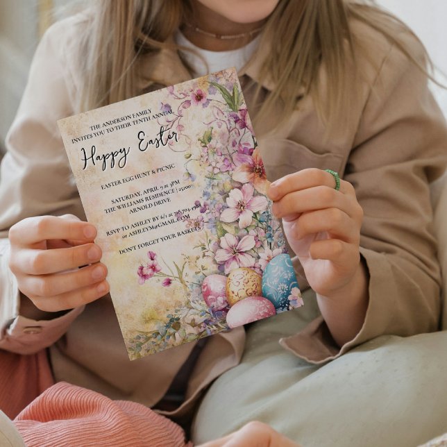 Convite Felz pascoa clássico simples de flores e ovos (Criador carregado)