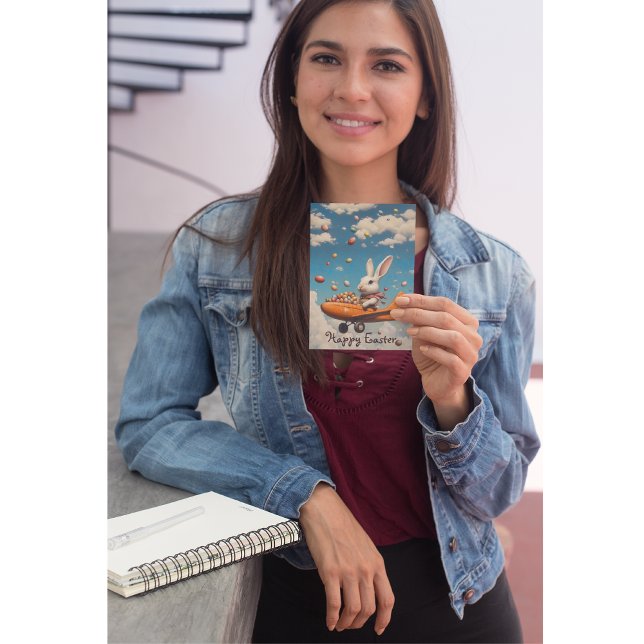 Convite Felz pascoa, coelho da Páscoa voando com ovos (Criador carregado)