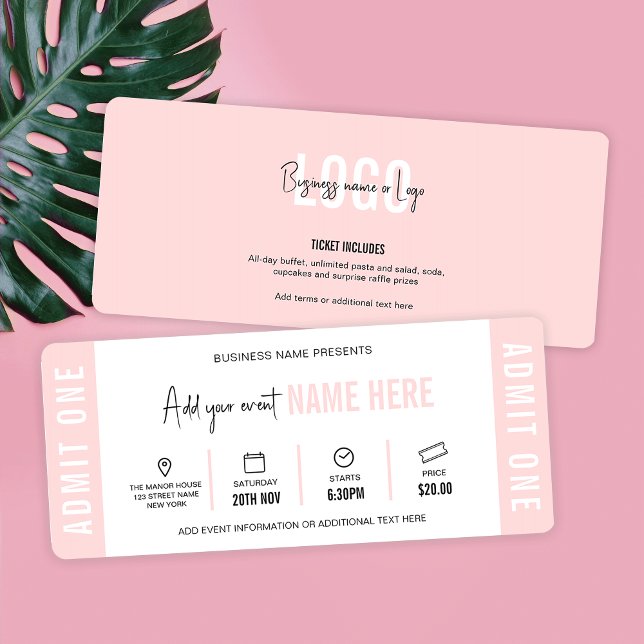 Convite Feminina Moderna do Bilhete da Empresa Gift Vouche (Feminine event ticket design in blush pink and white with fully editable text and colors)