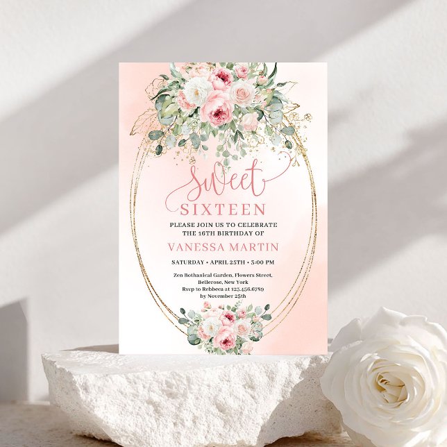 Convite Feminine Blush Floral Gold Sweet 16 Invitation (Feminine Blush Floral Gold Sweet 16 Invitation)