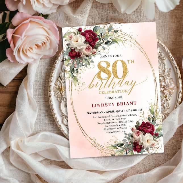 Convite Feminine Boho Floral Burgundy 80th Birthday Invite (Feminine Boho Floral Burgundy 80th Birthday Invite)