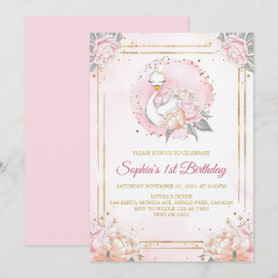 Convite Feminine Boho Swan Princesa Rosa Blush Aniversário