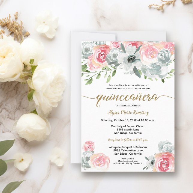 Convite Feminine Boho Watercolor Floral Quinceanera (Roses watercolor quinceanera invitation)