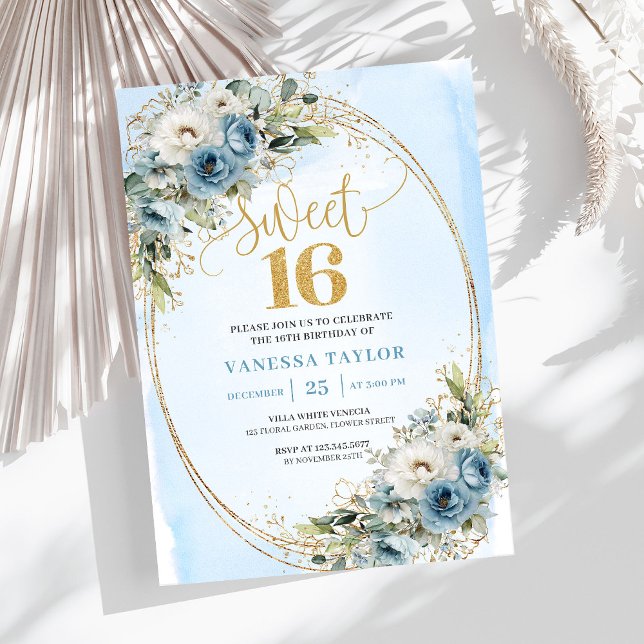 Convite Feminine Dusty Blue Floral Sweet Sixteen Invite (Feminine Dusty Blue Floral Sweet Sixteen Invitation)