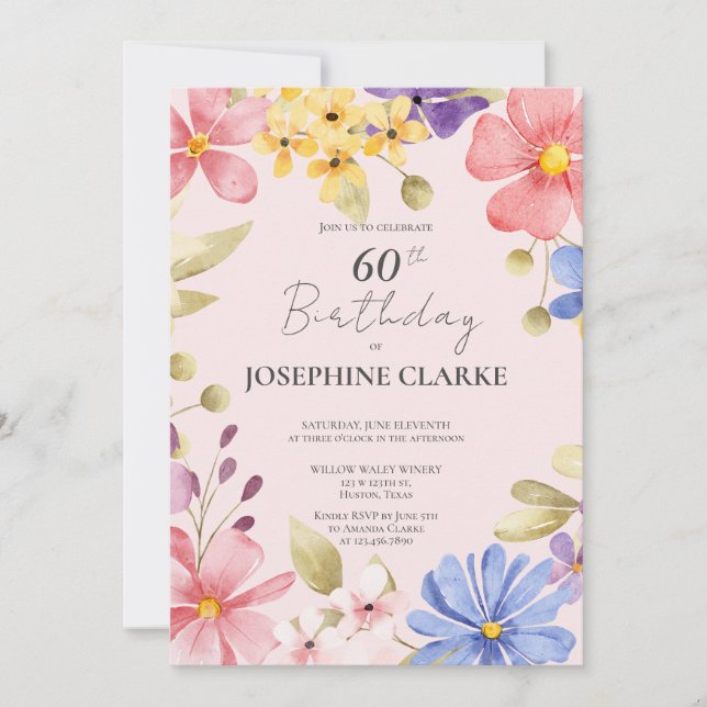 Convite Feminine Floral Wreath 60th Festa de aniversário I (Frente)