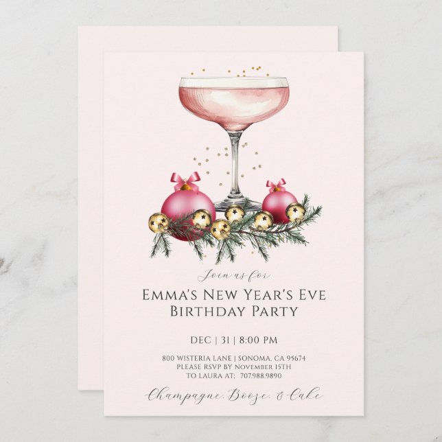 Convite Feminine Pink Champagne New Years Eve Birthday  (Frente/Verso)