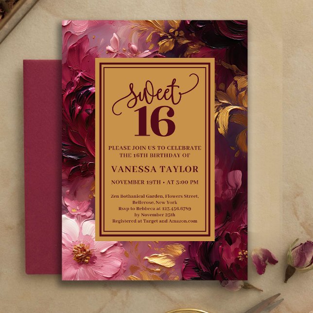 Convite Feminine Sweet Sixteen Burgundy Floral Gold Invite (Feminine Sweet Sixteen Burgundy Floral Gold Invite)