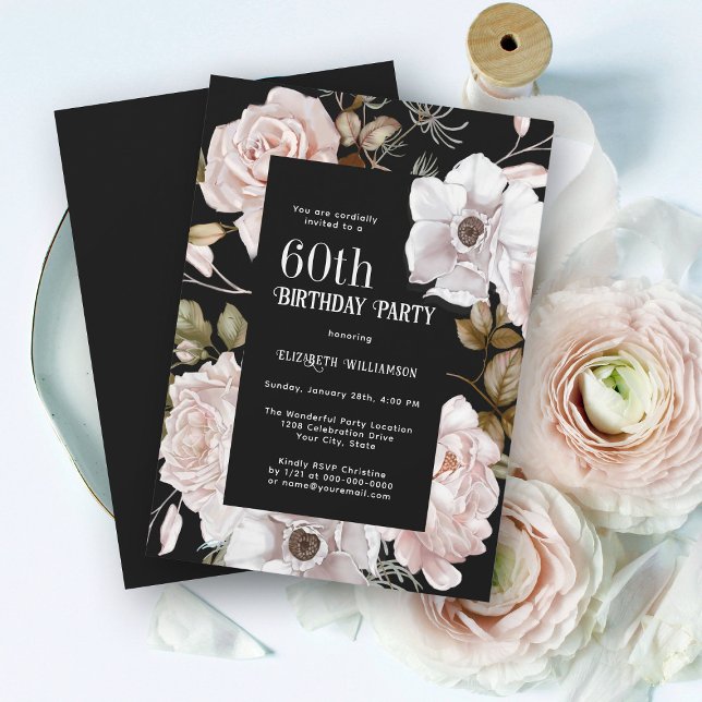 Convite Feminine Watercolor Floral 60ª Festa de aniversári (Celebrate 60 in elegant style with a gorgeous birthday party invitation. Personalize with details.)