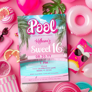 Convite Feminino Brilhante Rosa Quente Festa na Piscina Do