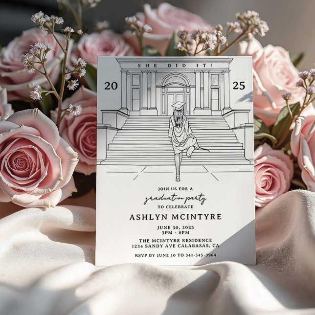 Convite Feminino e Elegante Esboço de Graduada (Feminine Graduation Invitation with sketch of beautiful girl walking up the steps of a university. )