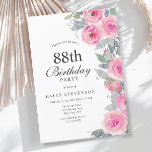 Convite Feminino Rosa Floral Chic Aniversário de 88 anos