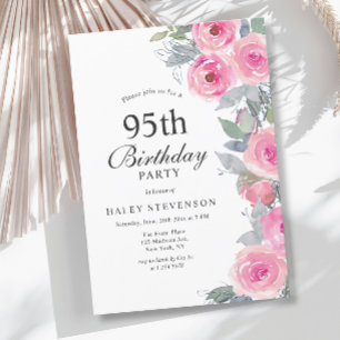 Convite Feminino Rosa Floral Chic Aniversário de 95 anos
