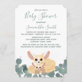 Convite Fennec Fox Chá de fraldas Watercolor Greenery