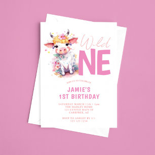Convite Fera Bebê Vaca Rosa Aniversário de 1 ano