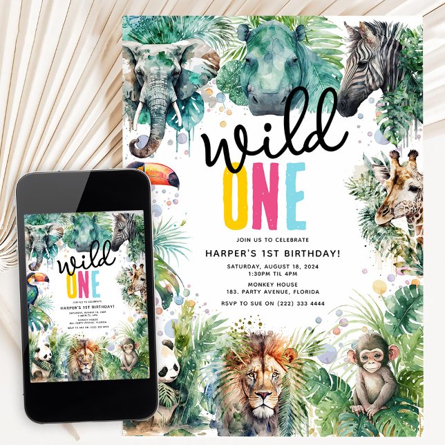 Convite Fera de um ano! Animais de Safari Legal Aniversári (Criador carregado)