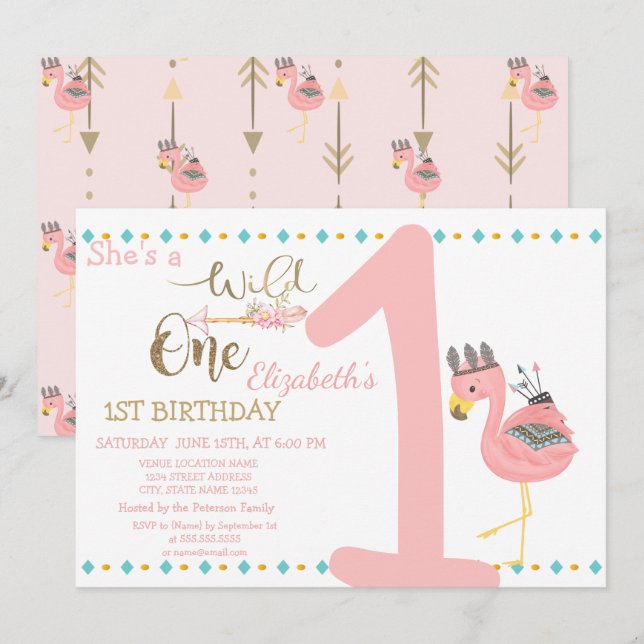Convite Fera, Flechas, Flamingo Rosa Primeiro Aniversário (Frente/Verso)