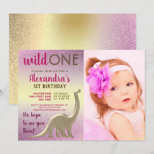 Convite Fera Foto de 1º Aniversário Rosa e Dourado Dinossa