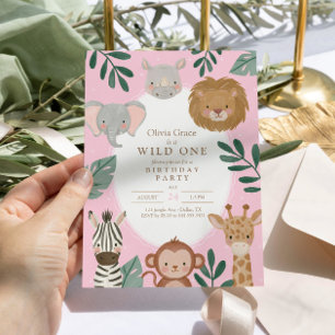 Convite Fera Menina Safari Rosa Aniversário de 1 ano