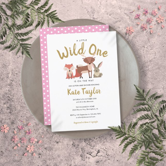 Convite Fera Pequena Animais da Floresta Churrasco de Bebê (Wild One Woodland Animals Pink Baby Shower Invitation)