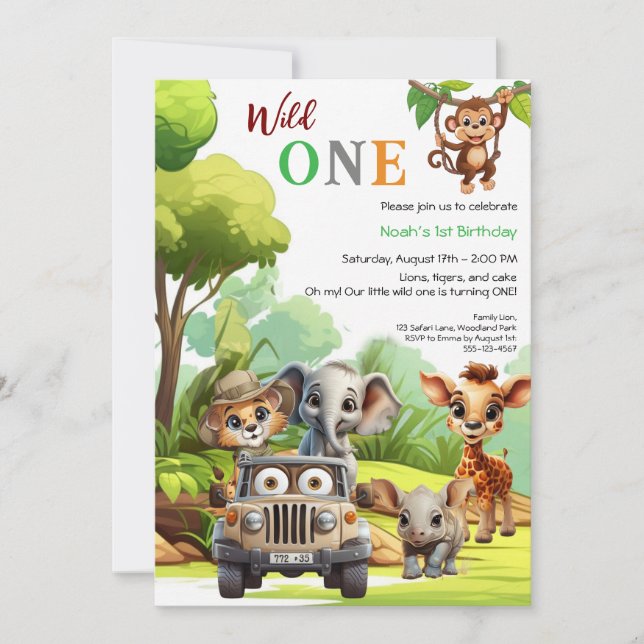 Convite Fera Pequena Animais da Selva Aniversário de 1 Ano (Frente)