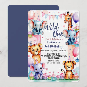 Convite Fera Um Animais Fofos Balão cupcake 1º Aniversário