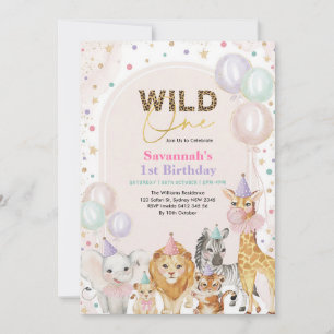 Convite Fera Um Safari Menina 1º Aniversário Rosa Dourado