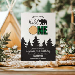 Convite Fera Ursa Verde Plaid Primeiro Aniversário