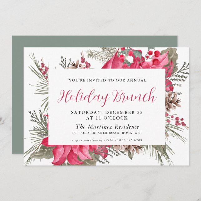 Convite Feriado Botânico Elegante Red Poinsettia Brunch (Frente/Verso)